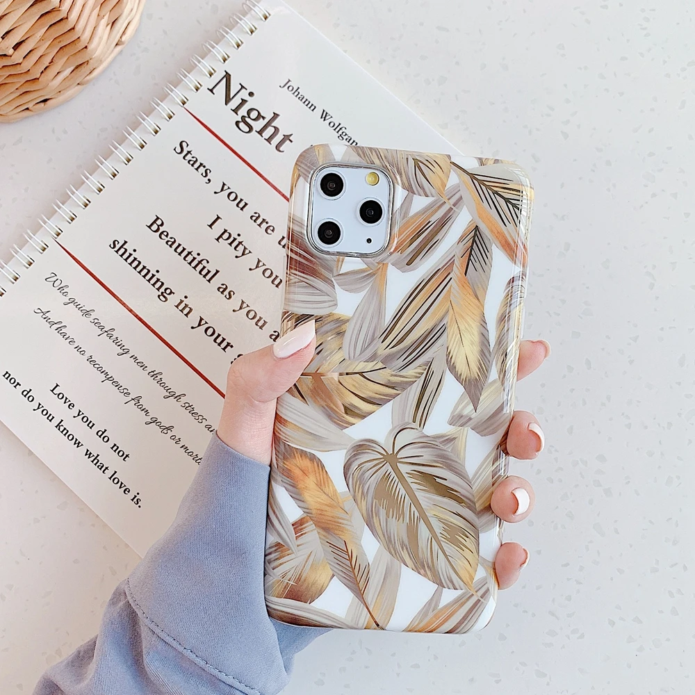 Роскошный чехол с золотыми листьями для iPhone 11 Pro Max глянцевый мягкий силиконовый