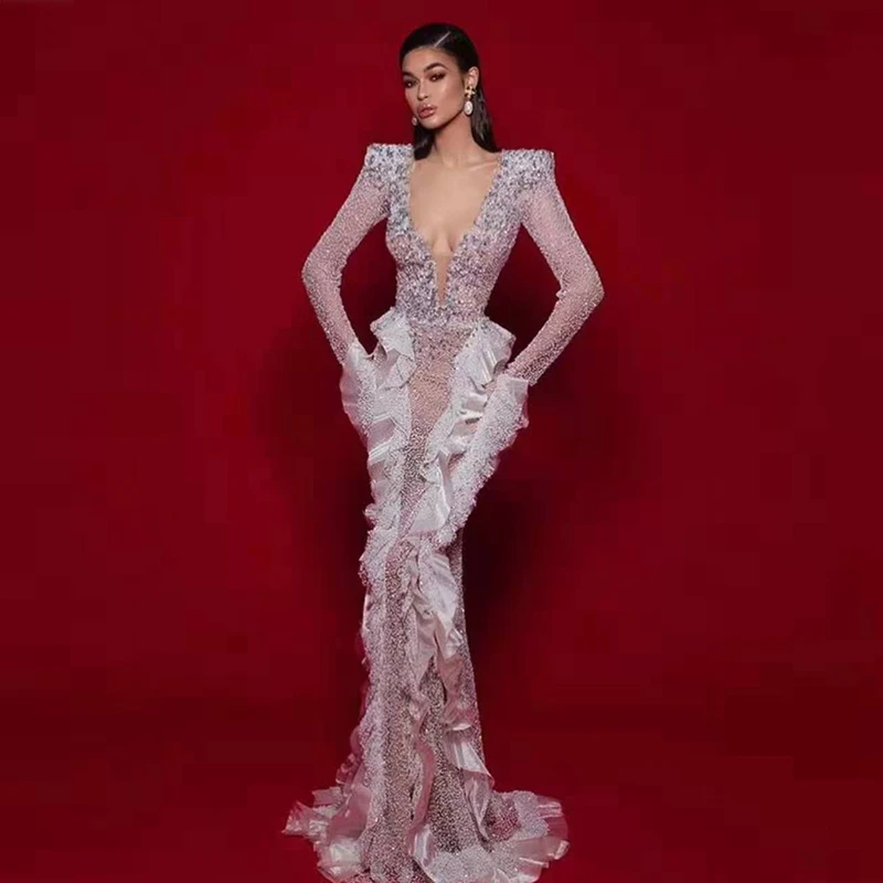 Последняя мода хит продаж женское платье знаменитостей с бусинами длинным