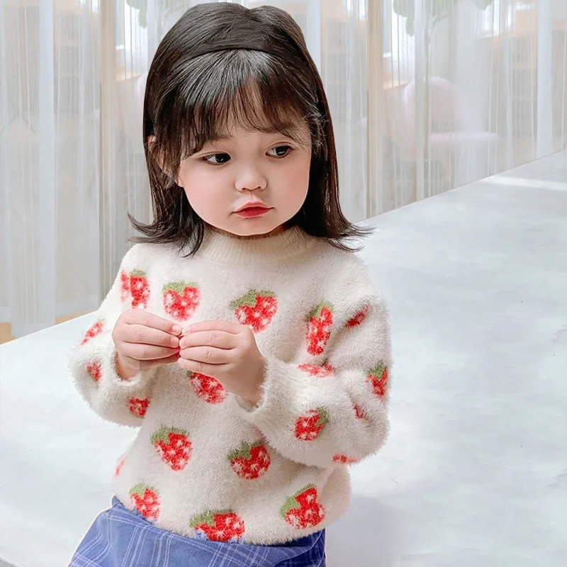 

Girls Boys Sweater Wool Coat Thicken Velvet 2022 Strawberry Warm Winter Autumn Knitting Cotton Pullover Children's Clothing