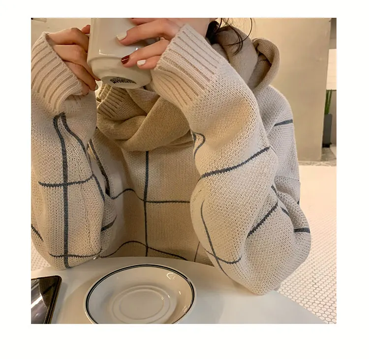 

2020 new Fashion knit Crew neck Korean lattice sweater women Loose Leisure Mid-length Retro Pullover Long sleeve tops Hot sale