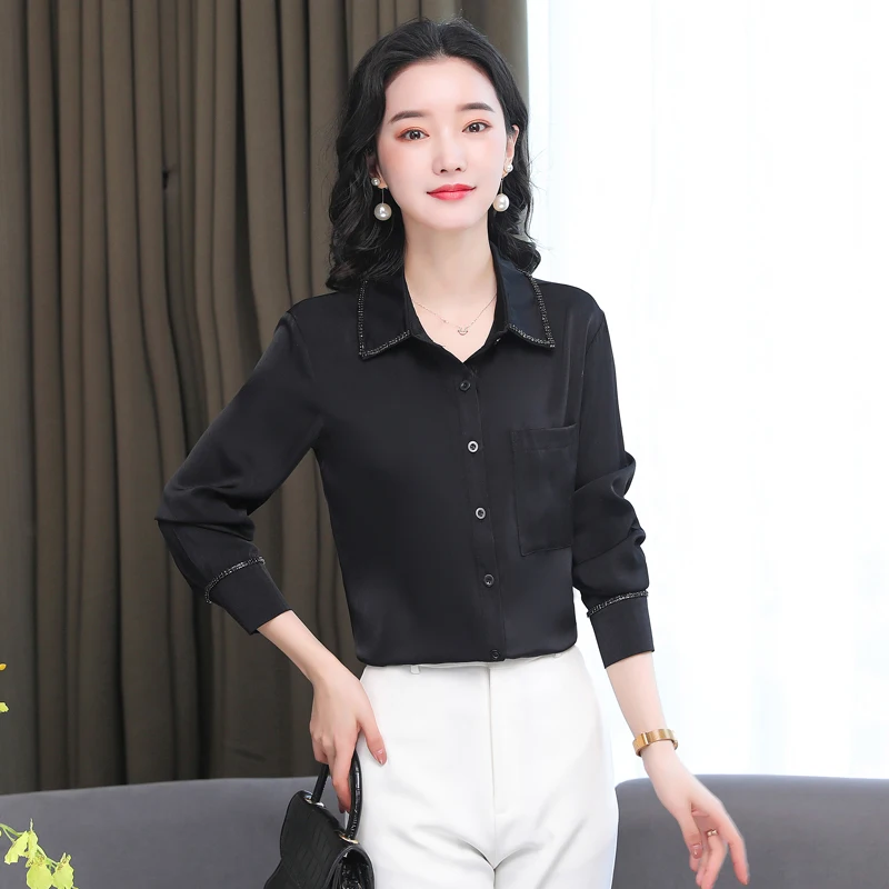 

Korean Silk Women Shirts Women Satin Blouse Shirt Elegant Woman Long Sleeve Office Lady Button Up Shirt Womens Tops and Blouses