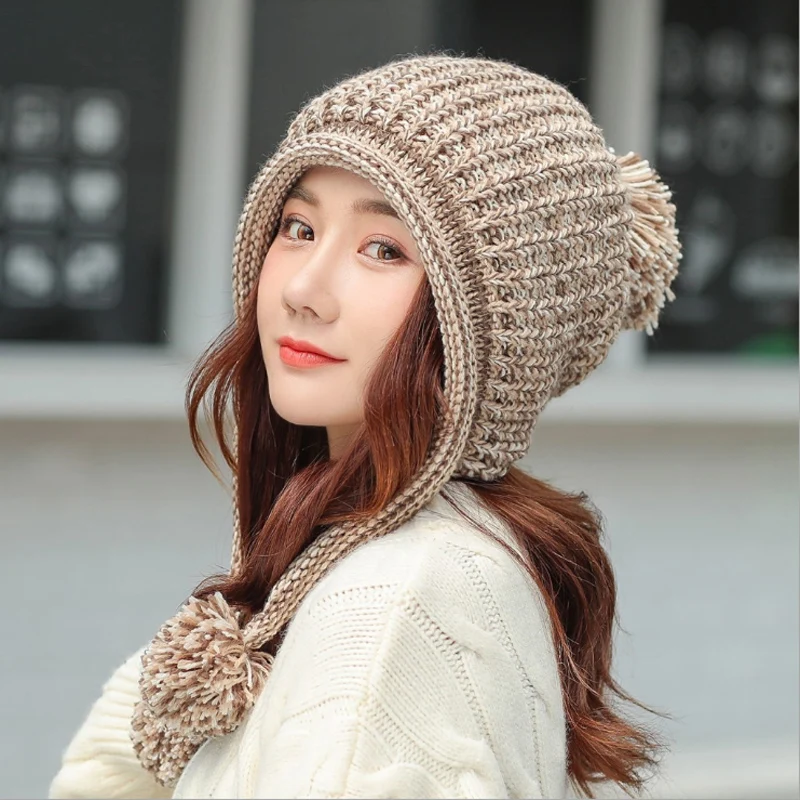 Утолщенная Лыжная зимняя шапка новинка 2019 модные вязаные помпоны зимние женские