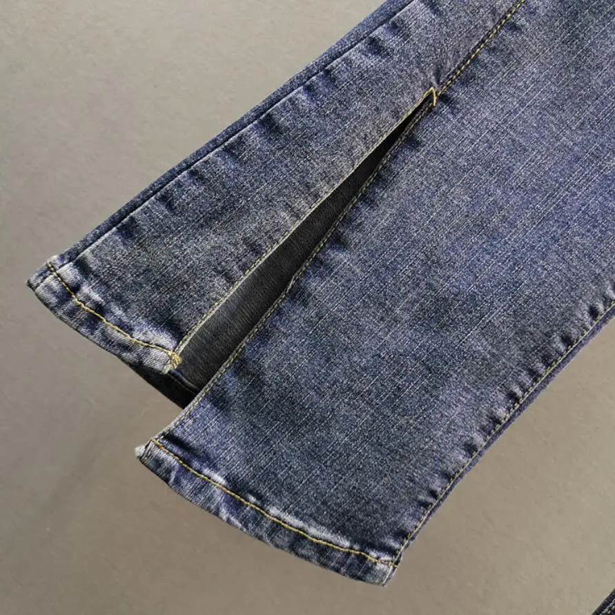 

2021 Spring Autumn New Cotton Elastic Slimming Diamond Waistband Irregular Flare Pants Woman Skinny Denim Pants s713