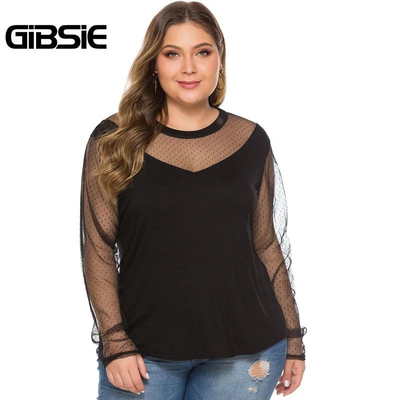 GIBSIE Элегантный Плюс Размер o образным вырезом сетчатый топ женский черный