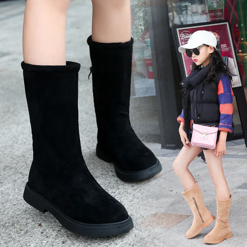 Сапоги для девочек замшевые однотонные Зимние теплые плюшевые до середины икры