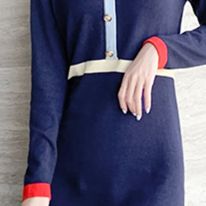 

Autumn Winter Sweater Long Sleeve Stripe Vestidos Women Knitting Dress Korean Fashion Casual Hit Color Turn Down Collar Robe New