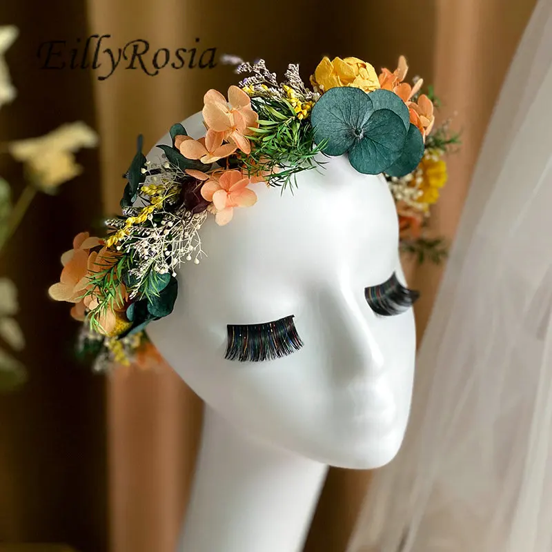 

Rustic Destination Wedding Flowers Accessories for Bride Hair Wreath Dried flowers Blue Orange Bridal Floral Wreath Bohemian