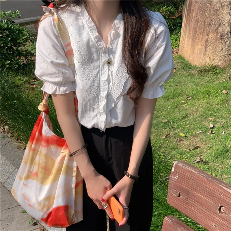 Alien Kitty V-neck Dedicate Embroidery Hollow Out White Ruffles 2020 Solid Loose Leisure Sweet Gentle Hot Office Lady Shirt | Женская