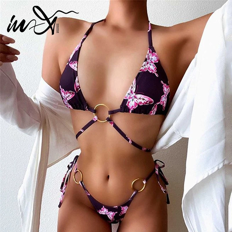 

In-X Brazilian bandage swimsuit women Halter swimwear female Triangle bikini set Butterfly print bathing suit 2 piece 2021 new