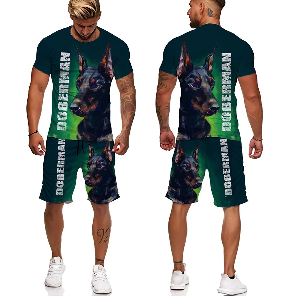 

Men's summer fashion cool doberman pattern printed sportswear 3d short sleeve shorts suit plus size