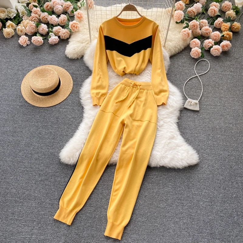 

Amolapha 2021 Весна новое поступление женский свитер джоггеры брюки костюм Свободный Повседневный Топ Брюки 2 шт. трикотажный спортивный костюм