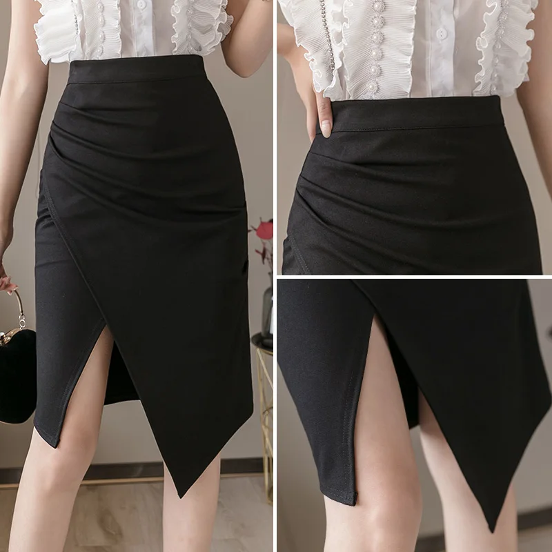 

Limiguyue Plus Size Sexy Asymmetrical Midi Skirt Women Elegant OL Office Lady Work Wear Skirts Stretch Black Strap Skirt K1369