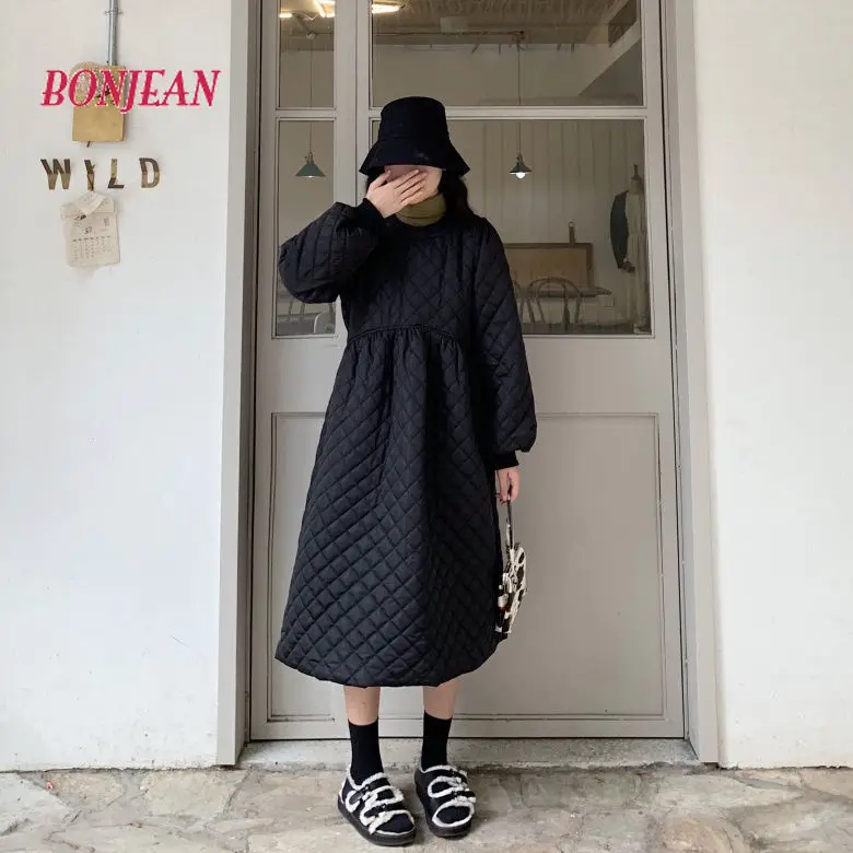 Women 2021 Parka Dress O Neck Rhombus Quilting Padded Long Sleeve Dress Warm Winter Streetwear Parkas Waistcoat Dress Vestidos