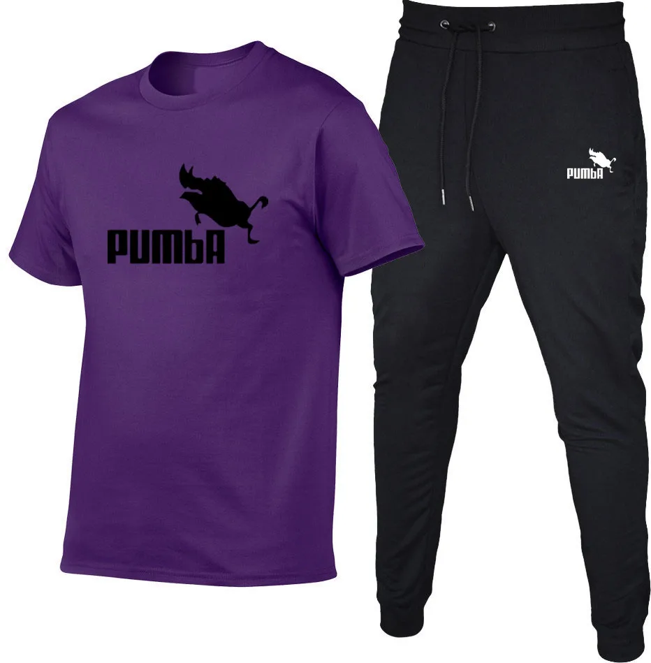 

Summer PUMbA Tracksuit Men's Sportswear Two-Piece Suit Short-Sleeved T-Shirt + Trousers Casual Male Clothes Sports Running Set