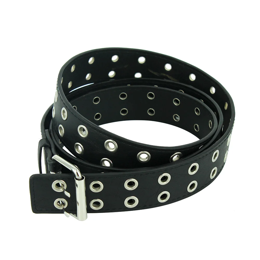

Fashion Women Punk Chain Belt Adjustable Black DoubleSingle Eyelet Grommet Metal Buckle Leather Men Waistband For Jeans