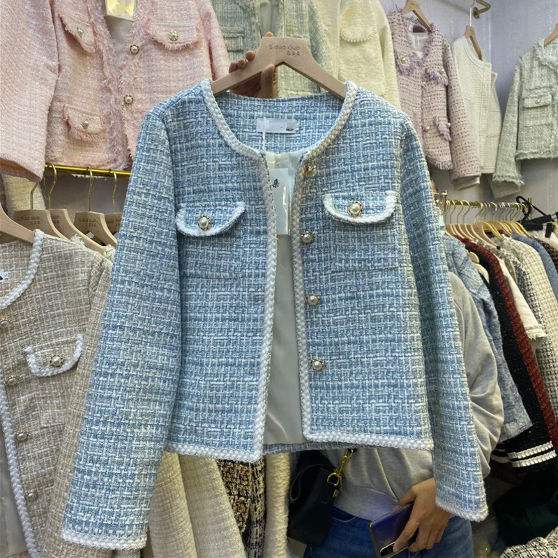 

Small Fragrance Tweed Jacket Coat Women Korean Fashion Sweet Plaid Short Coats 2021 New Autumn Winter Woolen Outwear Crop Top