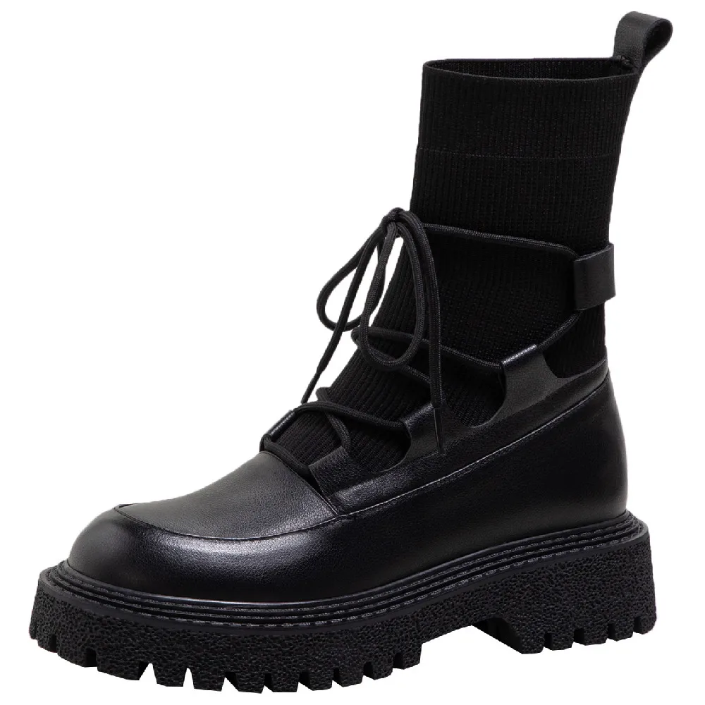 Women's genuine leather stretch knit patchwork lace-up slip-on thick sole platform flats autumn ankle boots cross strap shoes