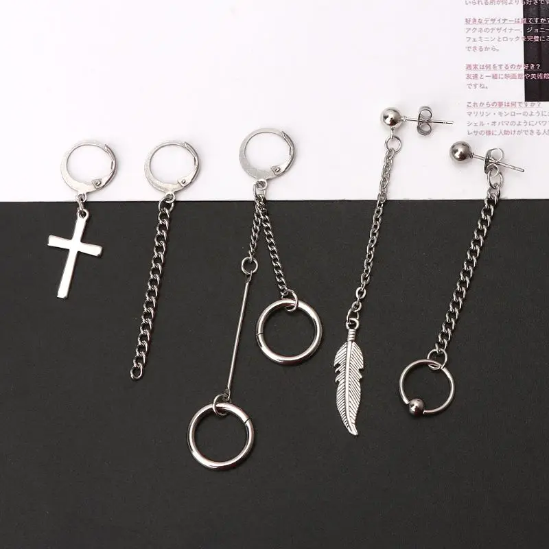 

5Pcs Titanium Steel KPOP Boy Album Tassel Chain Drop Earrings Kit Korean Jewelry E56A