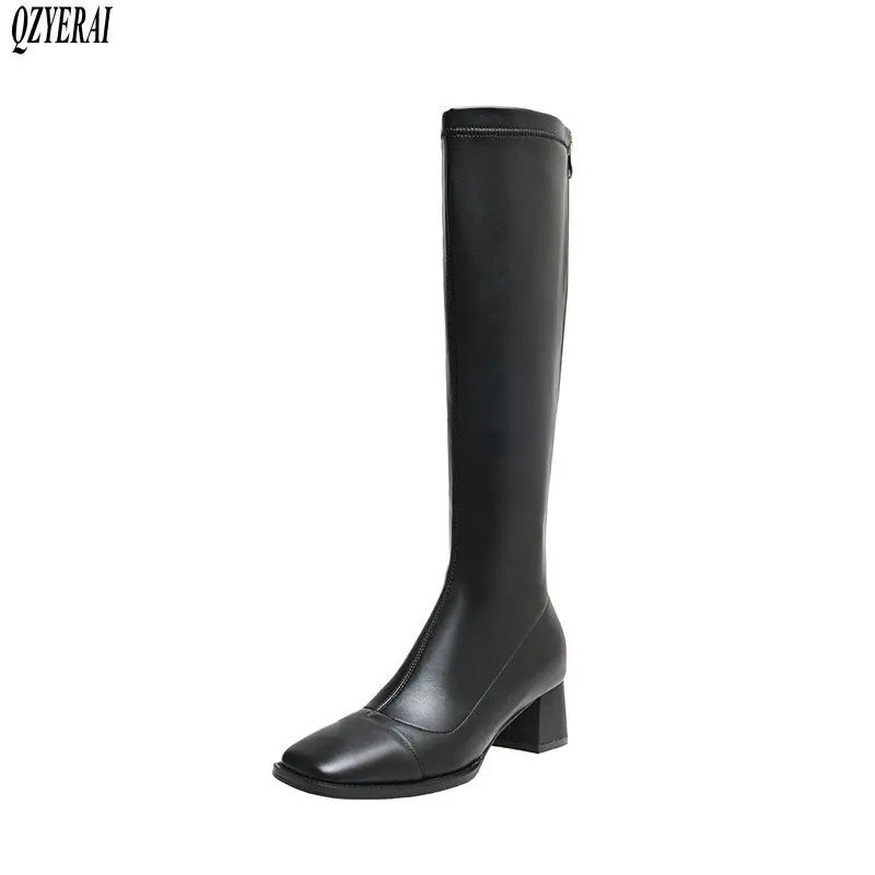 

QZYERAI New winter Knee high boots Genuine leather Women boots Motorcycle boots Square head Female boots warm Women shoes