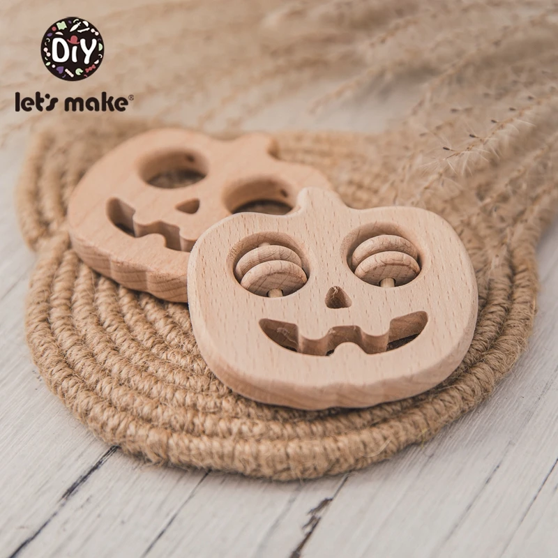 Let's Make-mordedor de madera de haya para beb&eacute;s, juguetes de Halloween, Cr&aacute;neo de calabaza, C&iacute;rculo de dentici&oacute;n, mordedores de madera para reci&eacute;n nacidos, DIY, 5 uds.-3