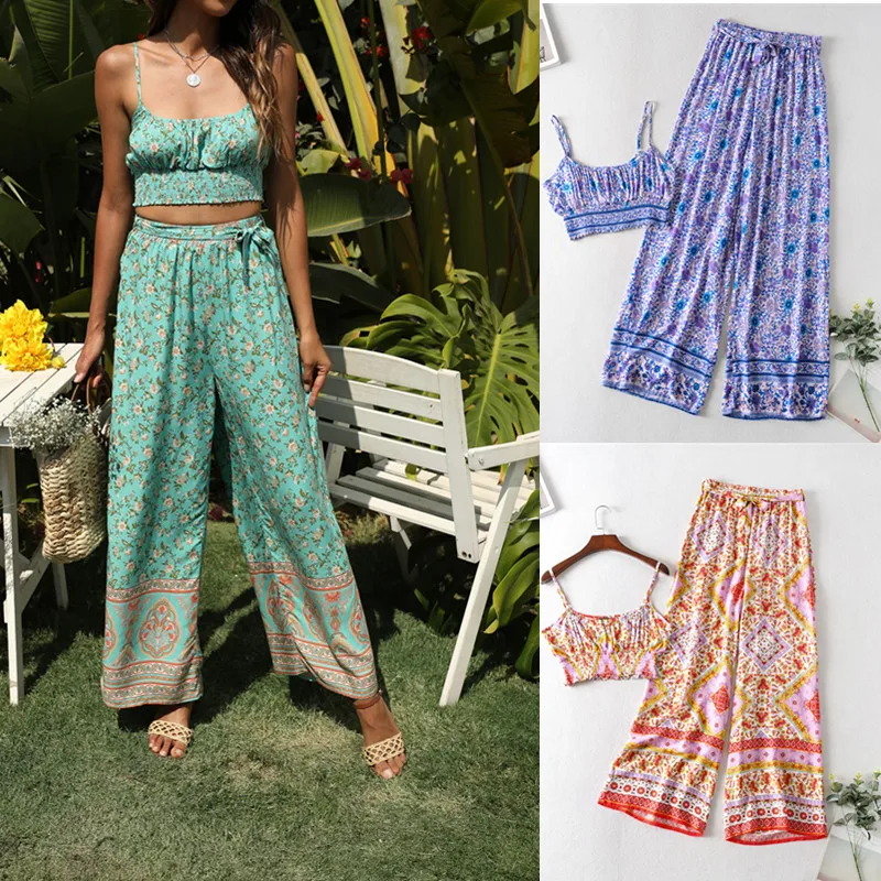 

DEWADBOW Boho Pants Set 2 Piece Women Ruched Bust Sleeveless Bustiers Long Wide Leg Trousers Sexy Celebrity Party Outfit Vestido