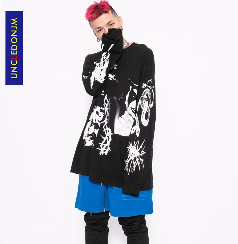 

UNCLEDONJM Graffiti Gothic long sleeve T-shirt Men Hip Hop Streetwear Harajuku tee Spring Summer Oversized men clothing