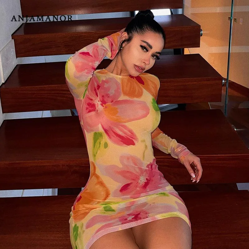 

ANJAMANOR, Цветочная расцветка, для офиса, сексуальное прозрачное Сетчатое облегающее платье для женщин 2021 Графический прозрачный с мини-юбкой ...