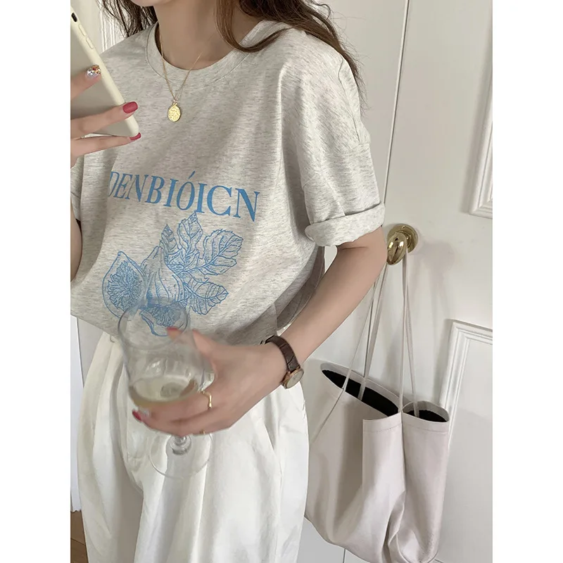 Letter Printing Short-sleeved T-shirt Female Women O-neck Short Sleeve Tees Top 2021 Summer Korean Chic Loose Cartoon Age Casual