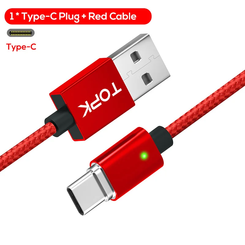 Red Type-C Cable Магнитный кабель Micro USB TOPK F-Line и кабель usb type-C для синхронизации данных, светодиодный кабель с нейлоновой оплеткой и магнитным индикатором для зарядного устройства USB C - Цвет: Red Type-C Cable