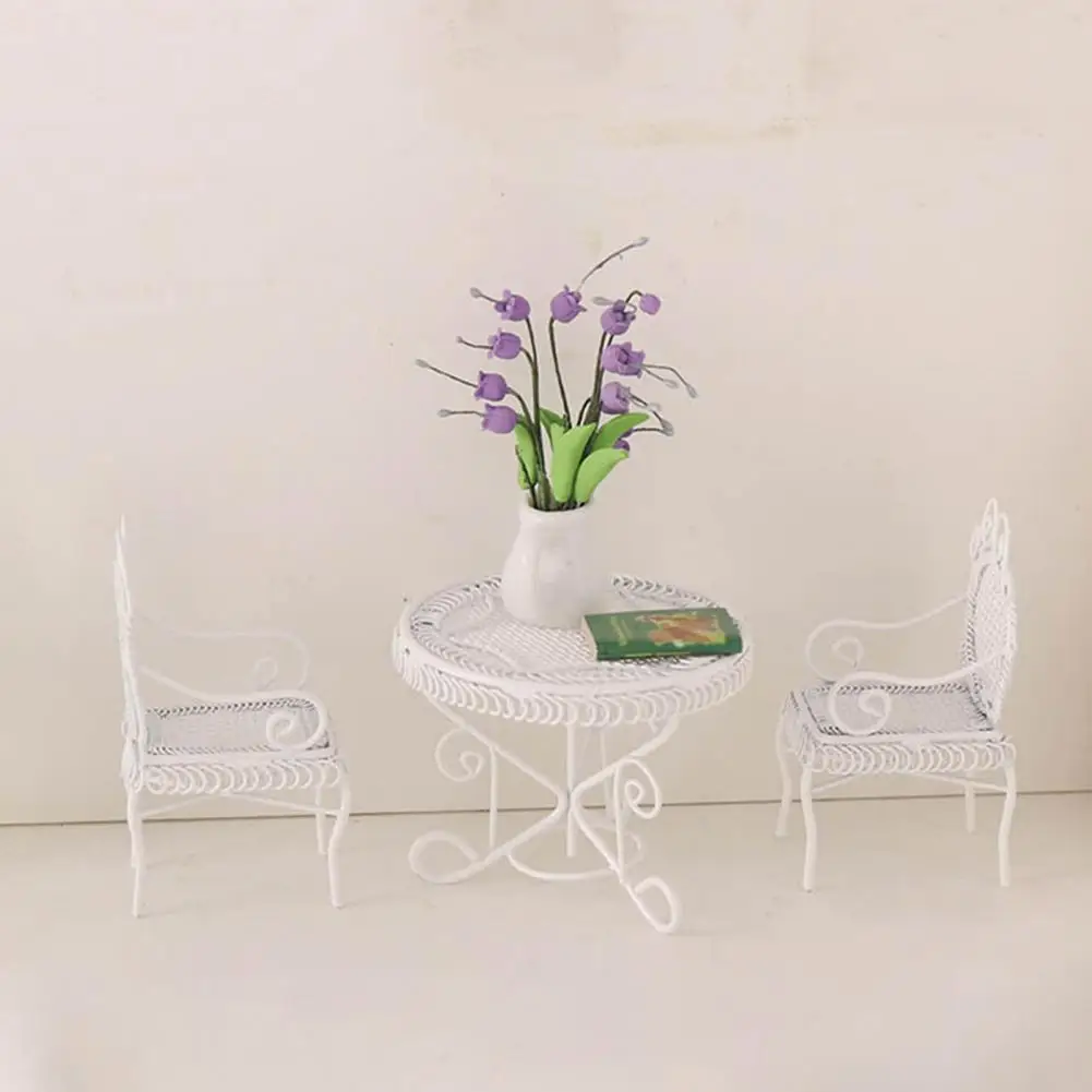 Dropshipping European Style Miniature Metal White Table Chair for 1/12Dolls House Room Garden Furniture for Yard Micro-landscape images - 6