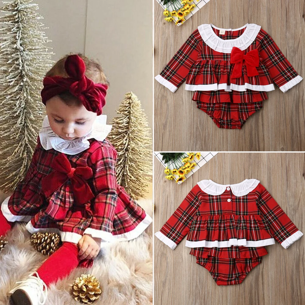 Emmababy Newborn Baby Girls Christmas Plaid Long Sleeve Bodysuit Jumpsuit Xmas Outfits