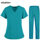 Женская летняя одежда для медсестер, топы с коротким рукавом и V-образным вырезом, Рабочая форма, блузка с карманами, комбинезоны, униформа ветеринарной медсестры, клиника