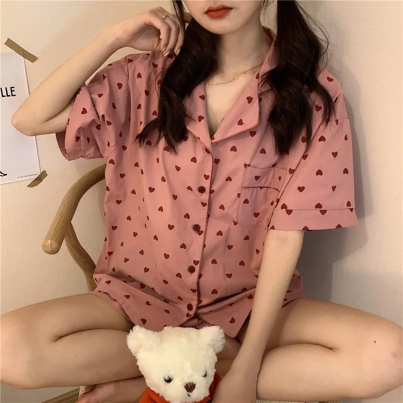 

Pajamas Sets For Women Summer Korean Fashion Pink Short Sleeve Lapel Girl Sleepwear Kawaii Sweet Maiden Plus Size Love Home Suit