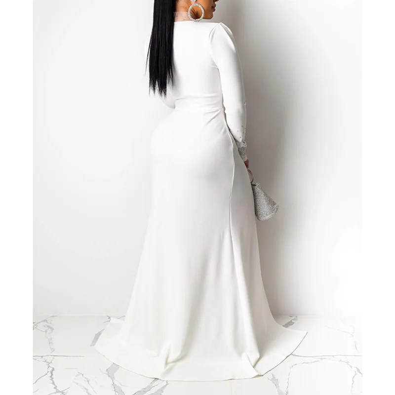 

Sexy V Neck Slit Maxi Dress Women Diamonds Long Sleeve Party Dress 2020 Spring High Waist Long Dresses Robe Femme