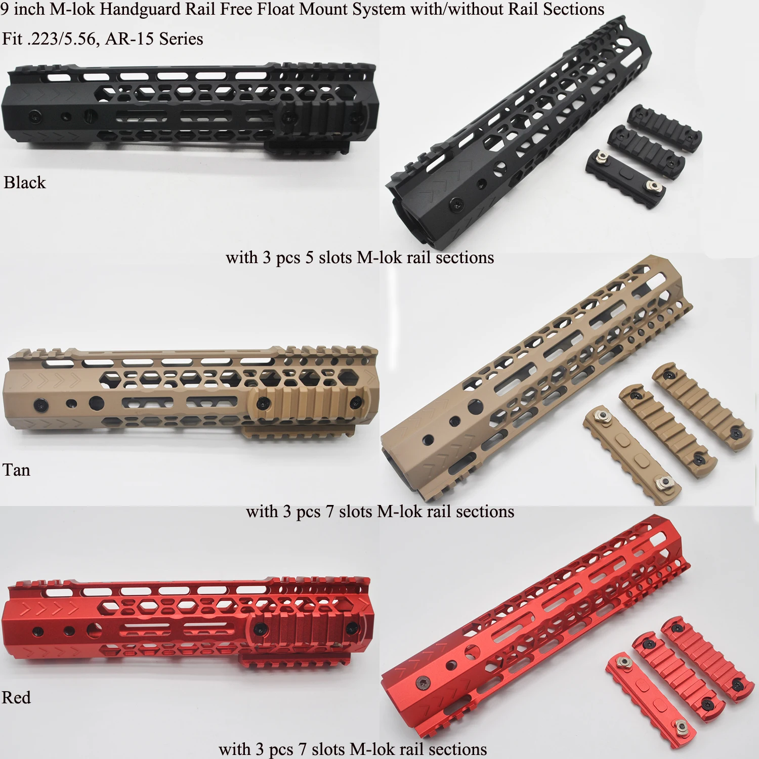 

TriRock 9'' inch M-lok Handguard Rail Picatinny Free Float Mount System with/without 3 pcs Mlok Rail Section_Black/Red/Tan Color