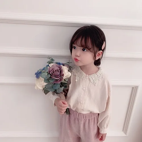 Girl Shirt Long Sleeve New Kids Spring and Autumn Pure Cotton Shirt Baby Lace Turn-collar Top Toddler Kids Blouses Clothing - Цвет: cream