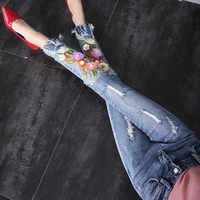 fashion new autumn ankle length stretchy pants appliques ripped jeans fringe design water washed roupas feminina pockets blue