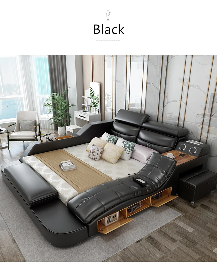Black leather bed modern style bedroom sets with massage and speaker | Мебель