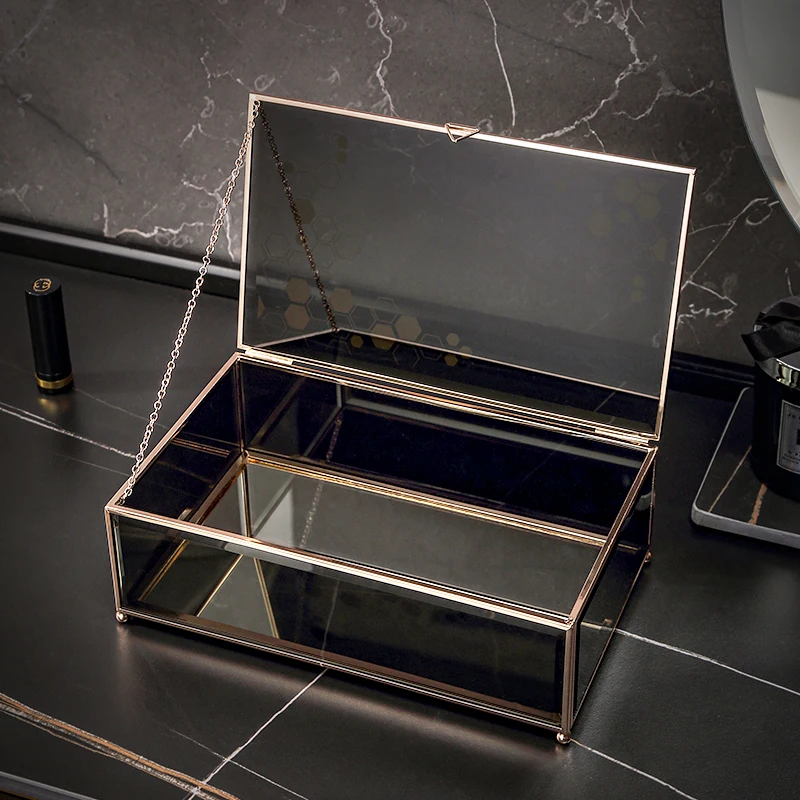 Casegrace Luxury Golden Jewelry Storage Box Desktop Glass Necklace Ring Earring Cosmetic Makeup Jewellery Case Organizer Casket