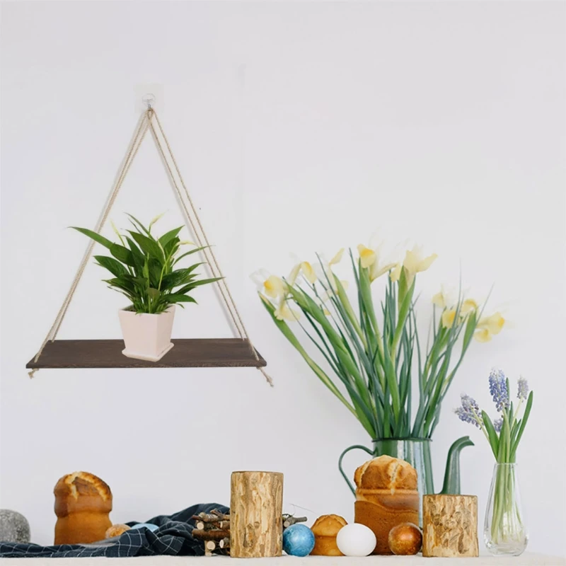 

34YB Rustic Wood Swing Hanging Rope Wall Mounted Floating Shelves Plant Flower Pot Display Rack Indoor Outdoor Decor