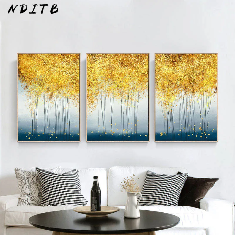 Абстрактный лес золотой лист художественный плакат скандинавский пейзаж холст