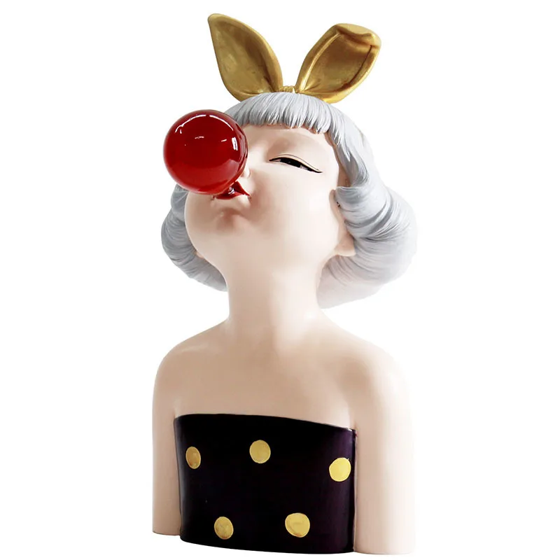 

Resin Portrait Statue Ornaments Golden Bow Bubble Girl Bust Figurines Desk Decor Sculpture Home Decor Children's Room Decoration