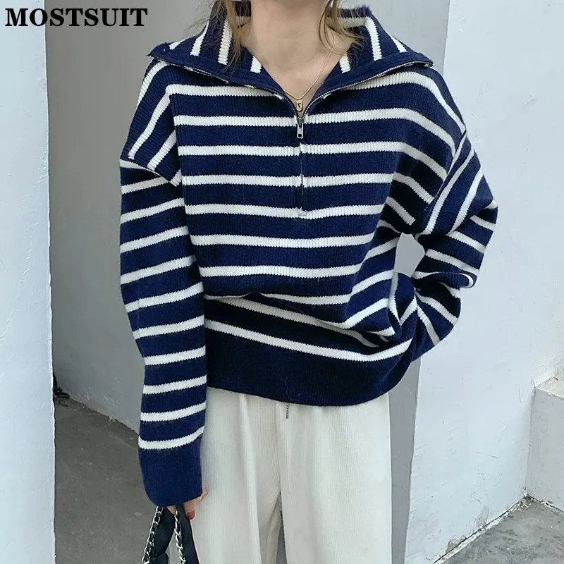 

Chic Casual Striped Knitted Pullover Sweater Women Full Sleeve Turn-down Collar Zippers Jumpers Thicken Warm Loose Female Tops