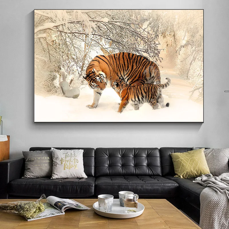 

Animal Posters and Prints Wall Art Canvas Painting Flowers Two Tigers in the Snow Pictures for Living Room Home Decor No Frame
