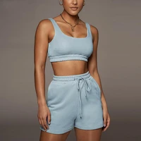 casual solid sportswear two piece set women 2021 crop top and drawstring shorts matching set summer athleisure outfits