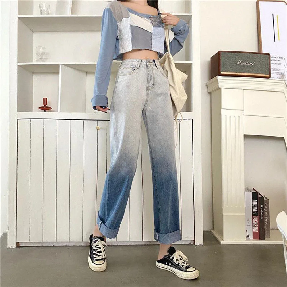 

Spring And Summer 2021 New Gradient Design High-waist Jeans Women Trend Straight Loose Wide-leg Pants Harajuku Denim Trousers