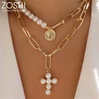 Многослойное ожерелье ZOSHI с подвеской-крестом для женщин, модное ожерелье с кулоном из искусственного жемчуга, позолоченное