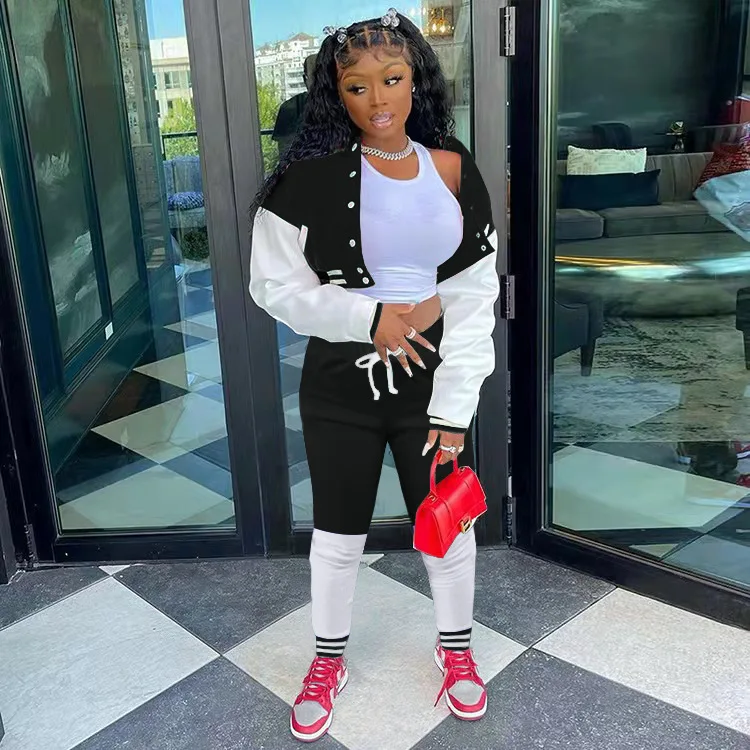 

Woman Patchwork Two Piece Sets Long Sleeve Coats +Pants Sets Sexy O-neck Casual Fashion Solid Tracksuits Cool Girl Streetwear