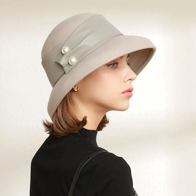 

Basin Of 2022 In Europe And The British About Retro Wool Felt Hat Cap Pearl Belt Belt Decorated Hats Luxury Cashmere Hat