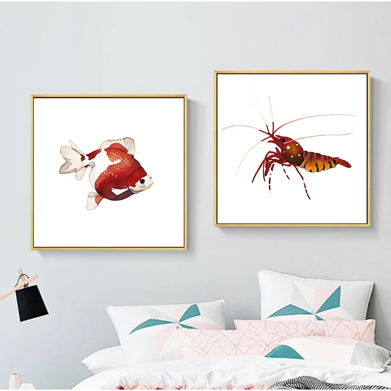 Cartoon Nordic Art Fsih Lobster Frog Shell Marine Life Poster Painting Wall Picture Print Children Baby Kid's Room Decoration | Дом и сад